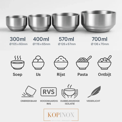 Een infographic van een dubbelwandige inox kommenset die de eigenschappen en het gebruik van de kommetjes toont