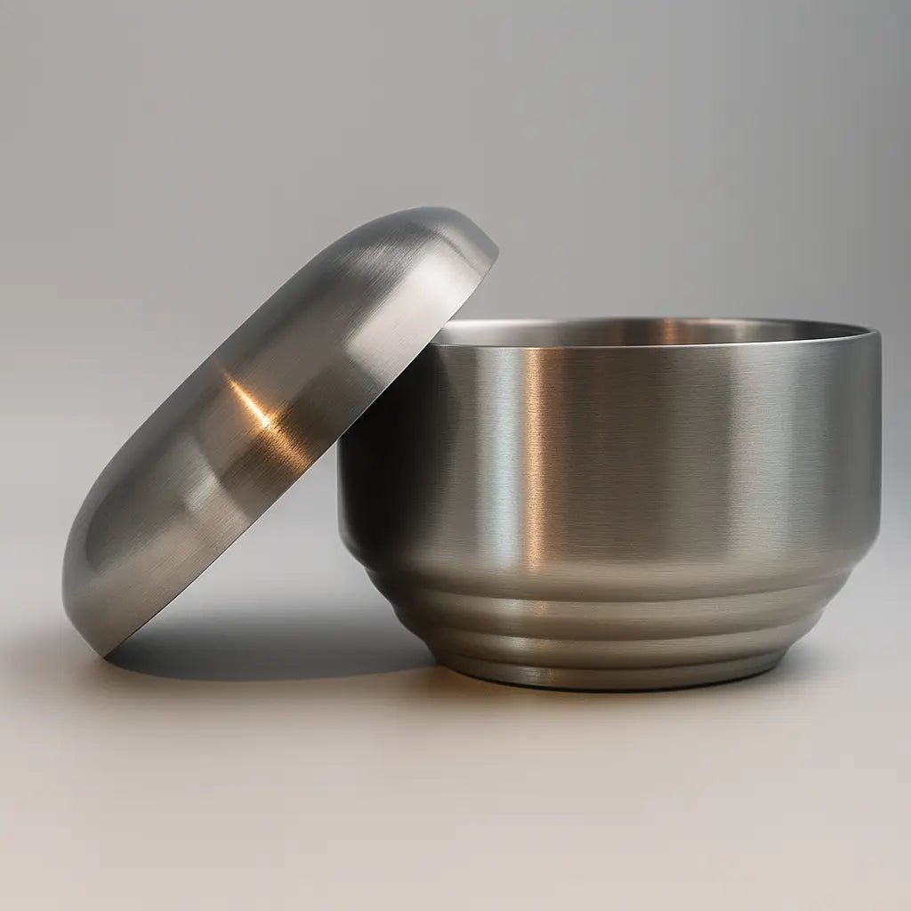 Een dubbelwandige inox rijstkom waarvan het deksel er schuin tegen leunt