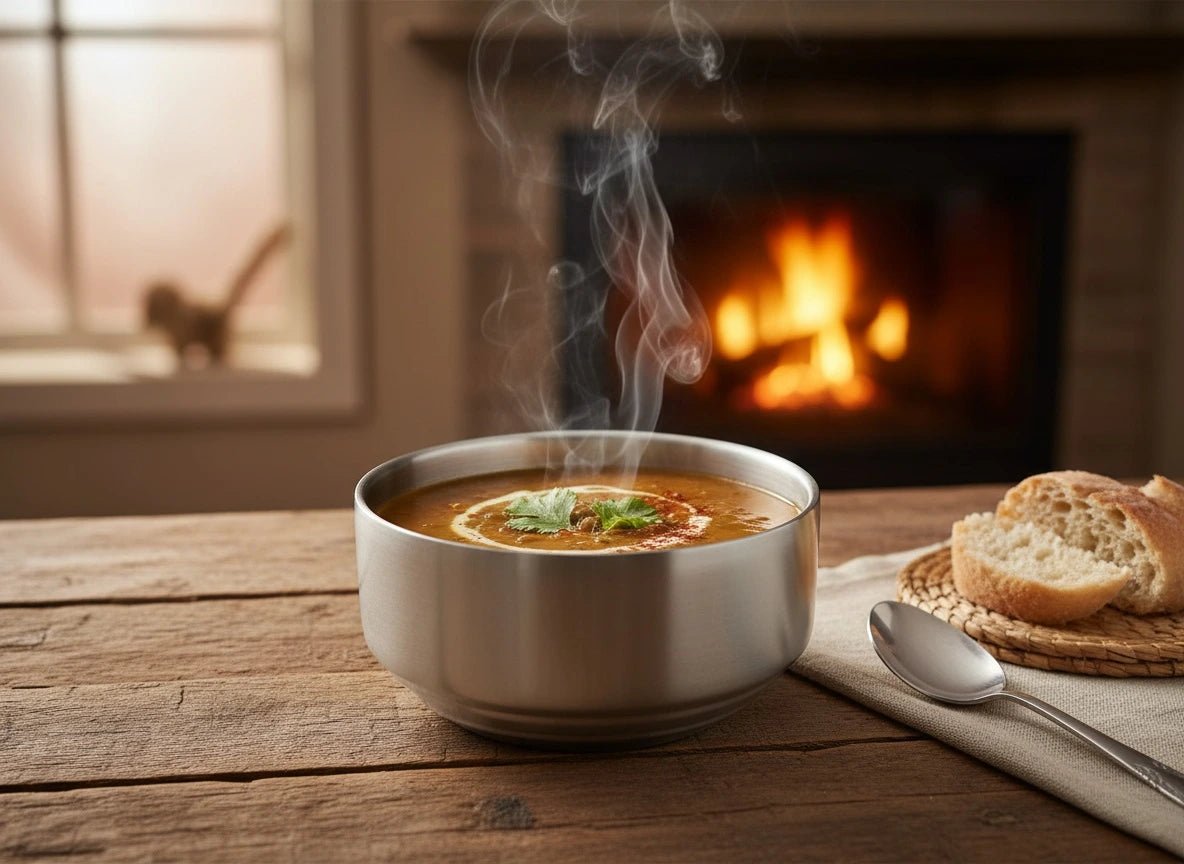 Een lifestyle foto van een dubbelwandige inox rijstkom met soep in voor een haardvuur